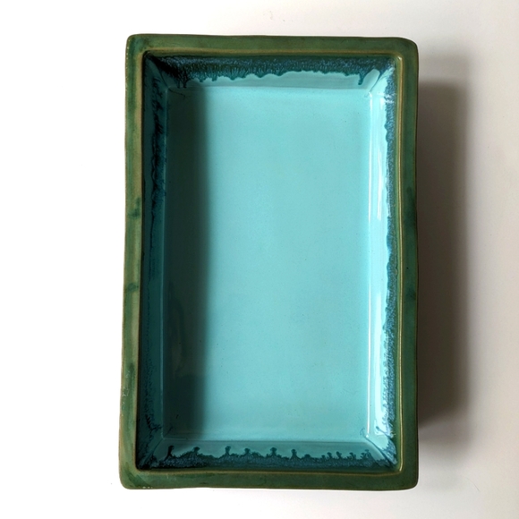 Mid Century O.M.C. Japan Signed Ikebana Suiban Bonsai Tray Bright Blue and Green - Picture 8 of 8